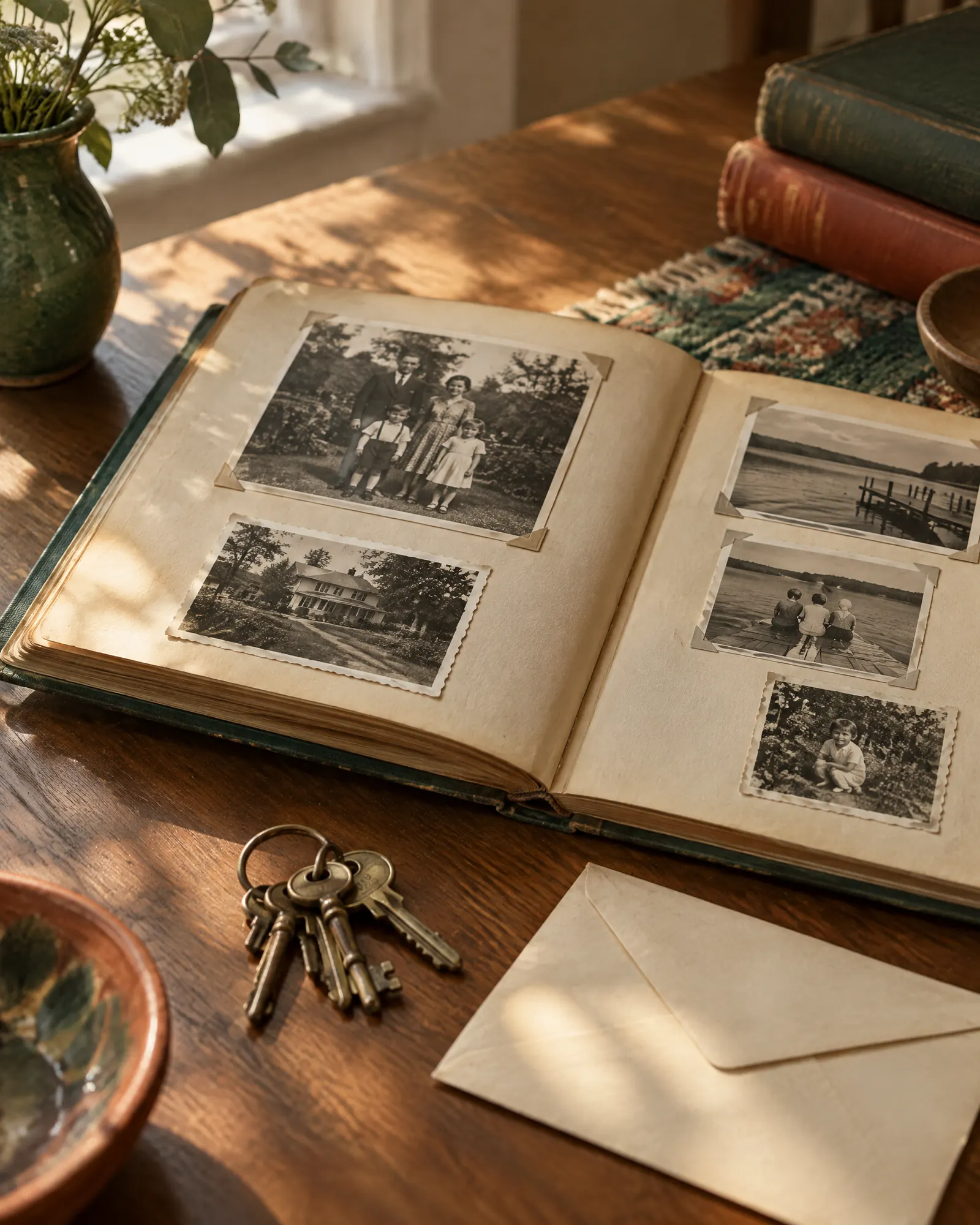 Álbum de fotos de família aberto sobre a mesa, com chaves e um envelope