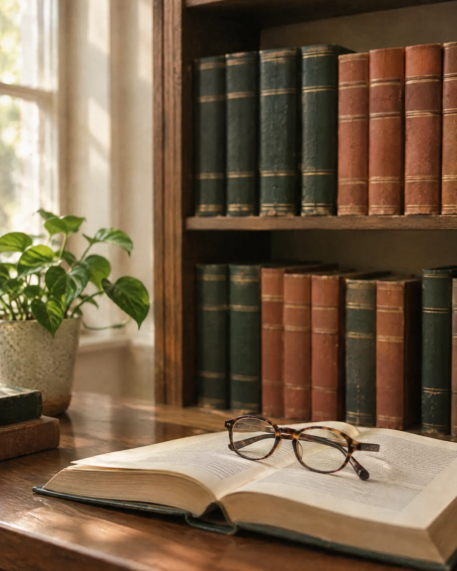 Estante com livros de direito e óculos de leitura sobre um livro aberto
