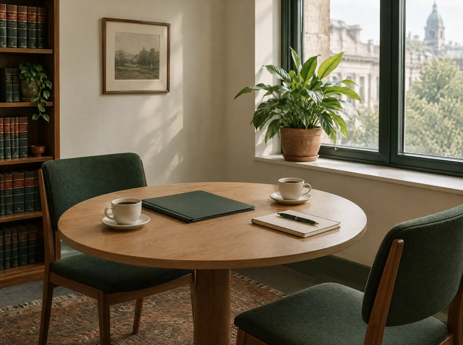 Mesa redonda com duas xícaras de café e uma pasta verde, pronta para uma conversa