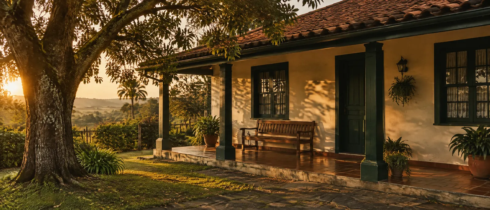 Varanda de uma casa de família ao entardecer, com uma árvore antiga
